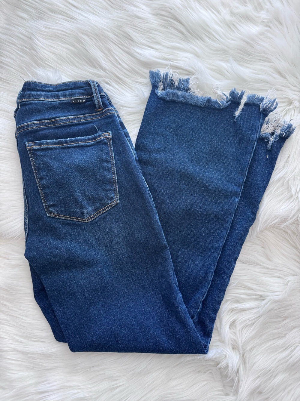 Wild Oak Boutique x Risen Dark Blue Frayed Hem Women’s Jeans